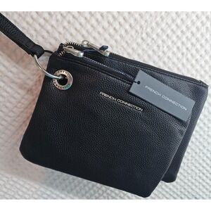 French Connection Lara Pebbled Faux Leather Double Zip Wristlet Black Travel